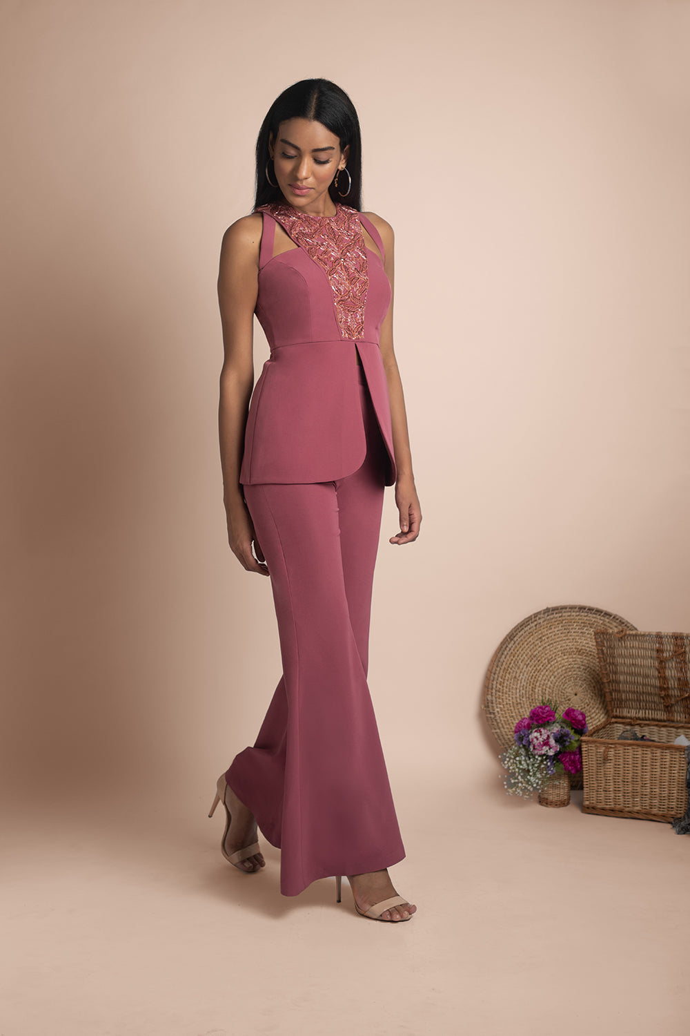 Rose Pink Bell Bottoms And Embroidered Jacket Top - Auraya Fashion - Mehak Murpana - #tag1# - #tag2# - #tag3# - #tag3#