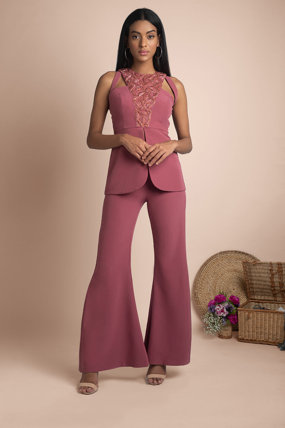 Rose Pink Bell Bottoms And Embroidered Jacket Top - Auraya Fashion -  - #tag1# - #tag2# - #tag3# - #tag3#