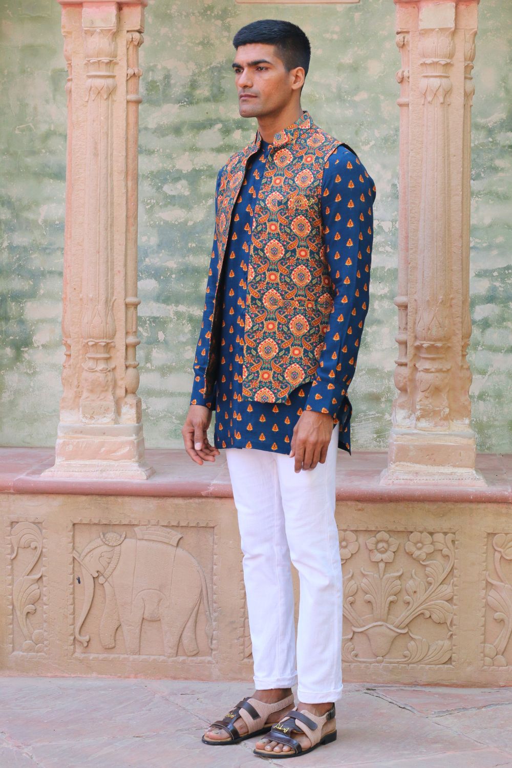 Cobalt Blue Print Kurta With Pant Pajama And Waist Coat - Auraya Fashion -  - #tag1# - #tag2# - #tag3# - #tag3#