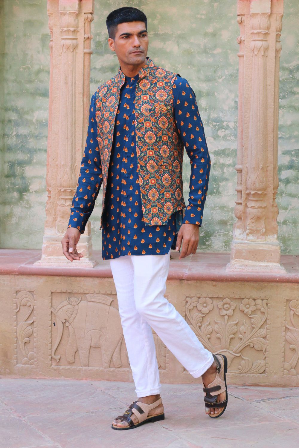 Cobalt Blue Print Kurta With Pant Pajama And Waist Coat - Auraya Fashion -  - #tag1# - #tag2# - #tag3# - #tag3#