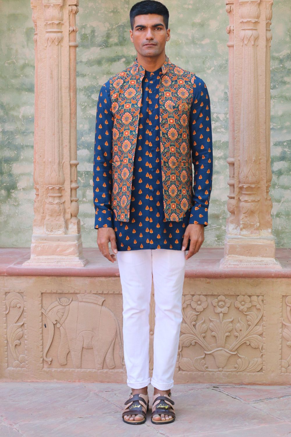 Cobalt Blue Print Kurta With Pant Pajama And Waist Coat - Auraya Fashion - Ankur J Men - #tag1# - #tag2# - #tag3# - #tag3#