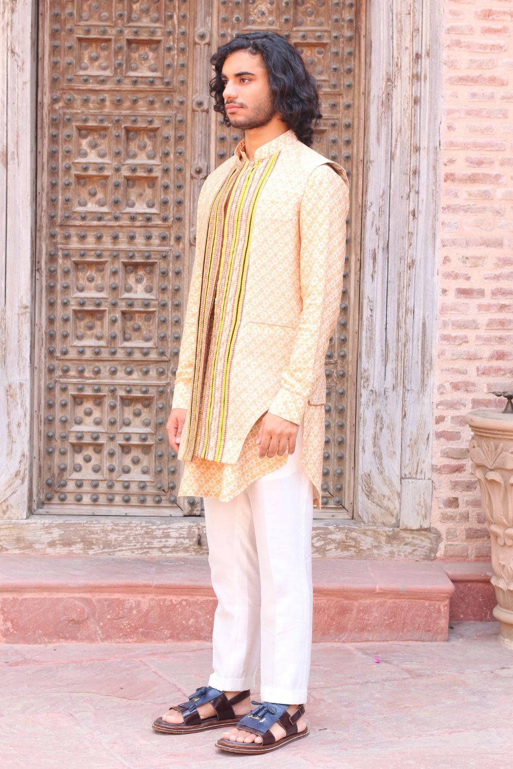 Pale Peach Print Kurta , With Pant Pajama And Waistcoat - Auraya Fashion -  - #tag1# - #tag2# - #tag3# - #tag3#