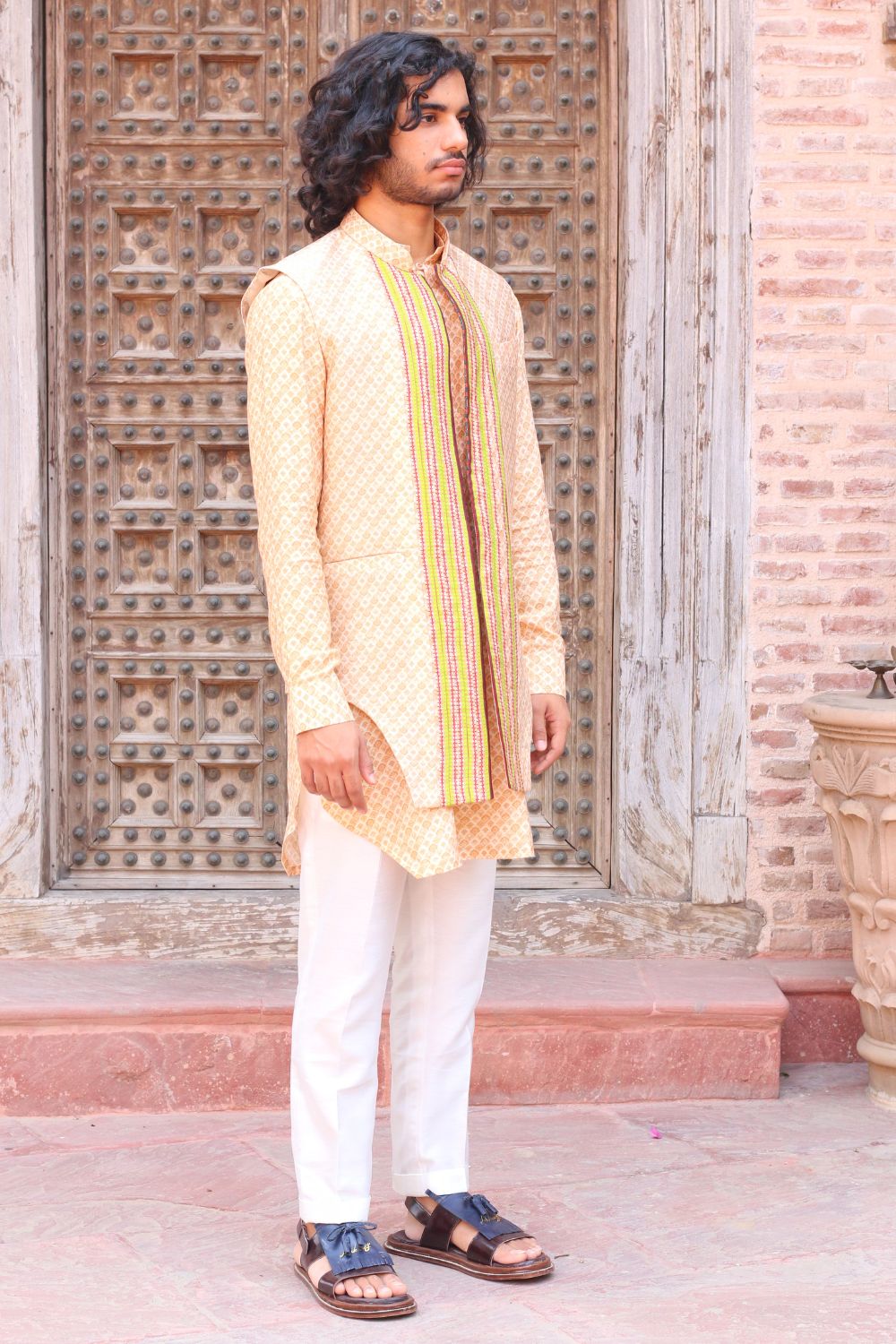 Pale Peach Print Kurta , With Pant Pajama And Waistcoat - Auraya Fashion -  - #tag1# - #tag2# - #tag3# - #tag3#