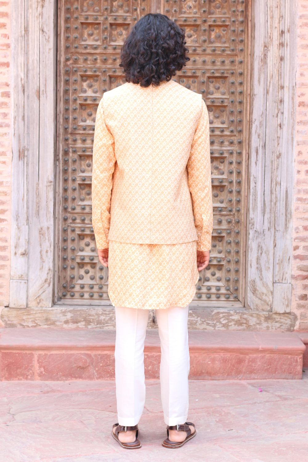 Pale Peach Print Kurta , With Pant Pajama And Waistcoat - Auraya Fashion -  - #tag1# - #tag2# - #tag3# - #tag3#