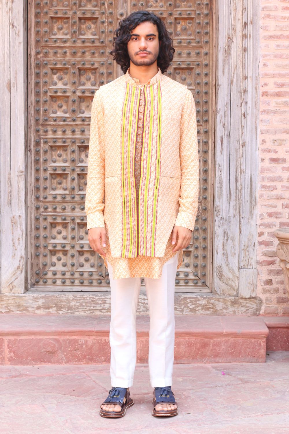 Pale Peach Print Kurta , With Pant Pajama And Waistcoat - Auraya Fashion - Ankur J Men - #tag1# - #tag2# - #tag3# - #tag3#