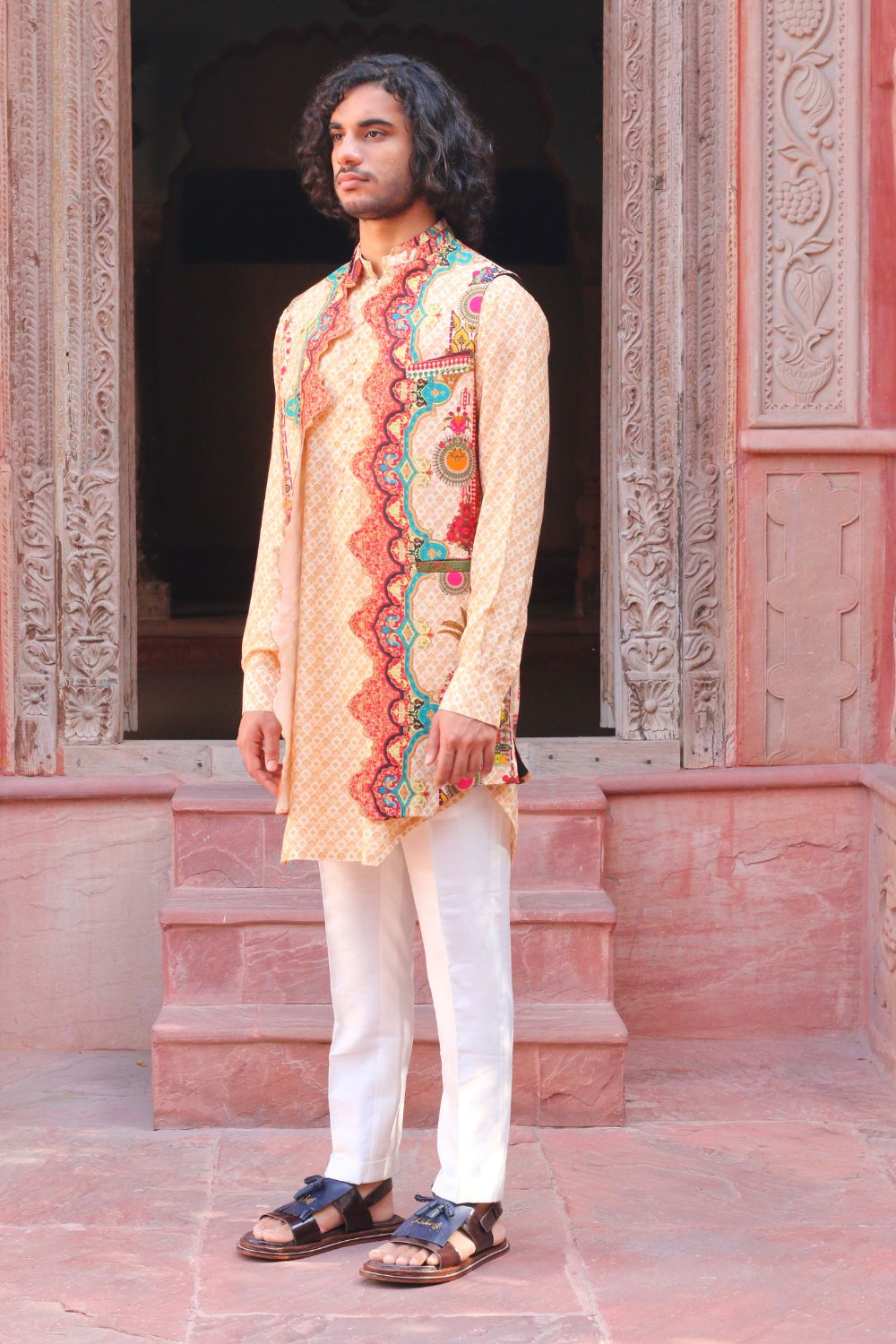 Peach Fuzz Print Kurta With Pant Pajama And Waistcoat - Auraya Fashion -  - #tag1# - #tag2# - #tag3# - #tag3#