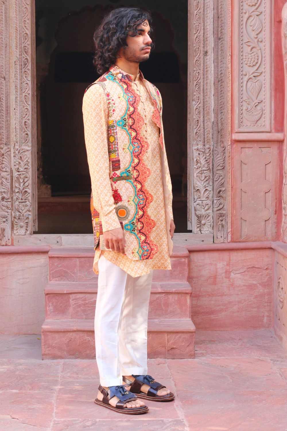 Peach Fuzz Print Kurta With Pant Pajama And Waistcoat - Auraya Fashion -  - #tag1# - #tag2# - #tag3# - #tag3#