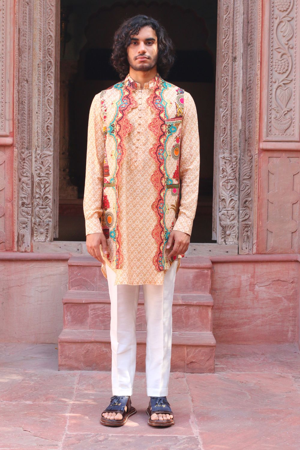 Peach Fuzz Print Kurta With Pant Pajama And Waistcoat - Auraya Fashion - Ankur J Men - #tag1# - #tag2# - #tag3# - #tag3#