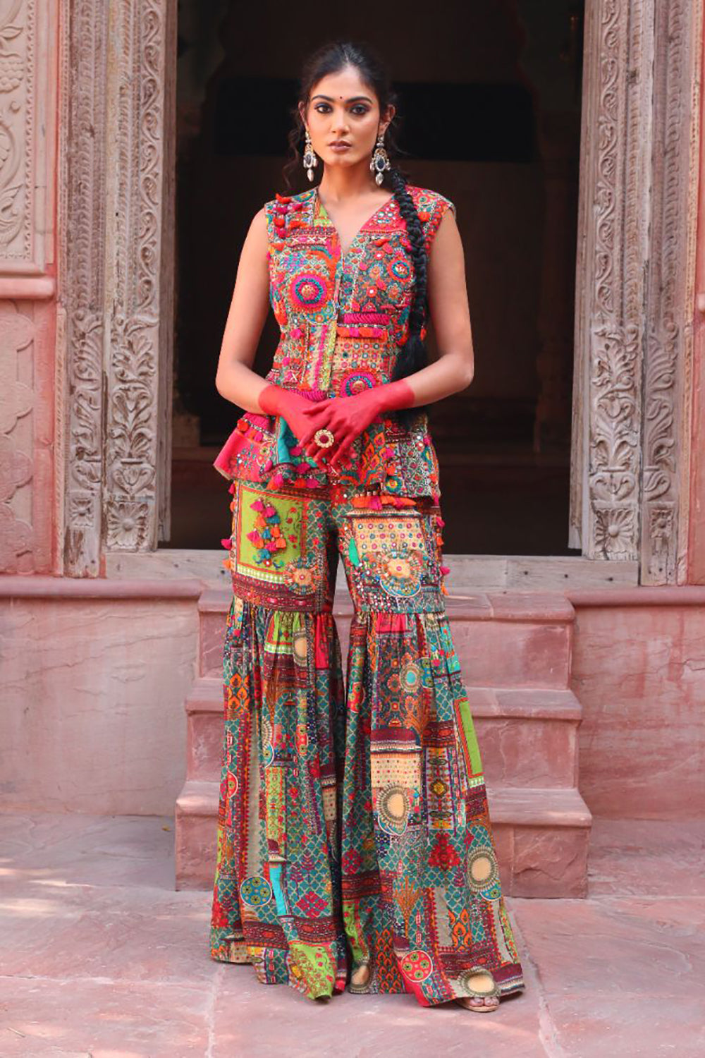 Overlay Bodice Jacket Embroidered With Tasseled Back With Garara. - Auraya Fashion -  - #tag1# - #tag2# - #tag3# - #tag3#