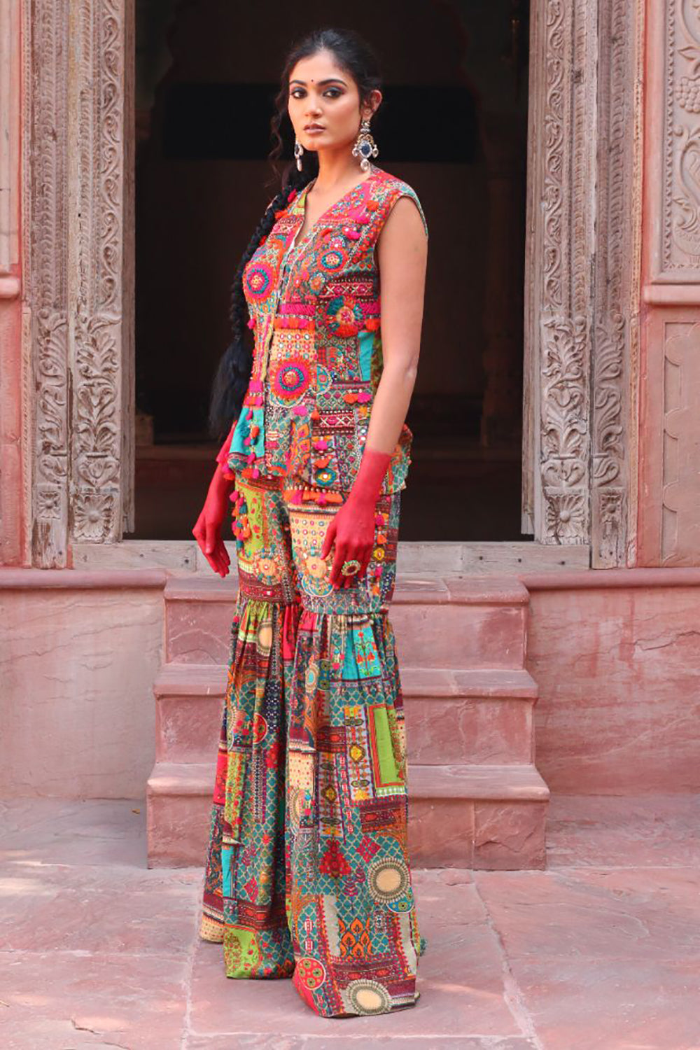 Overlay Bodice Jacket Embroidered With Tasseled Back With Garara. - Auraya Fashion -  - #tag1# - #tag2# - #tag3# - #tag3#