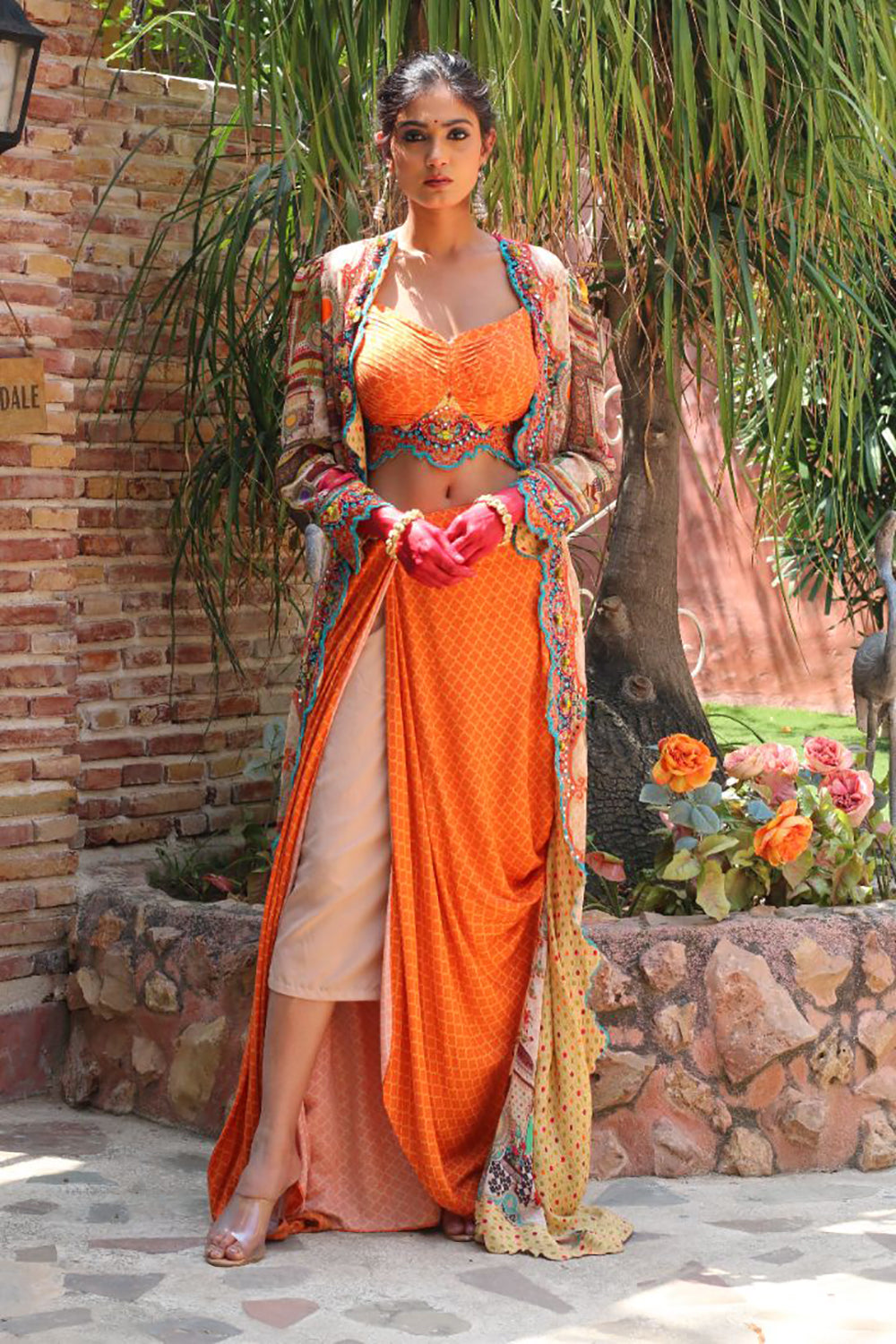 Signature Prints Embroidered Apricot Bustier And Drape Skirt With Overlay - Auraya Fashion -  - #tag1# - #tag2# - #tag3# - #tag3#