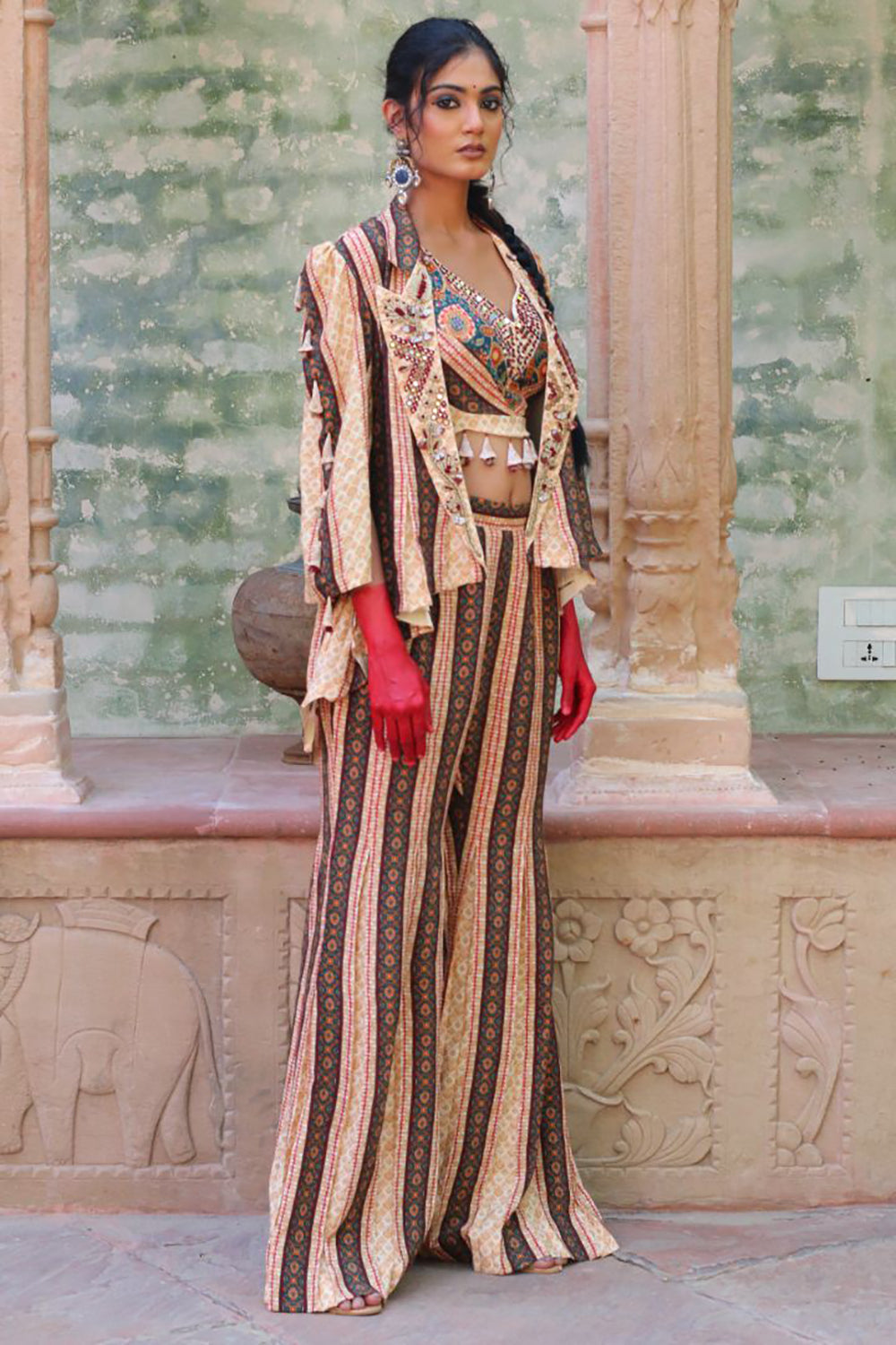 Alabaster Color Lapel Jacket With Bodice And Palazzo Pants - Auraya Fashion -  - #tag1# - #tag2# - #tag3# - #tag3#
