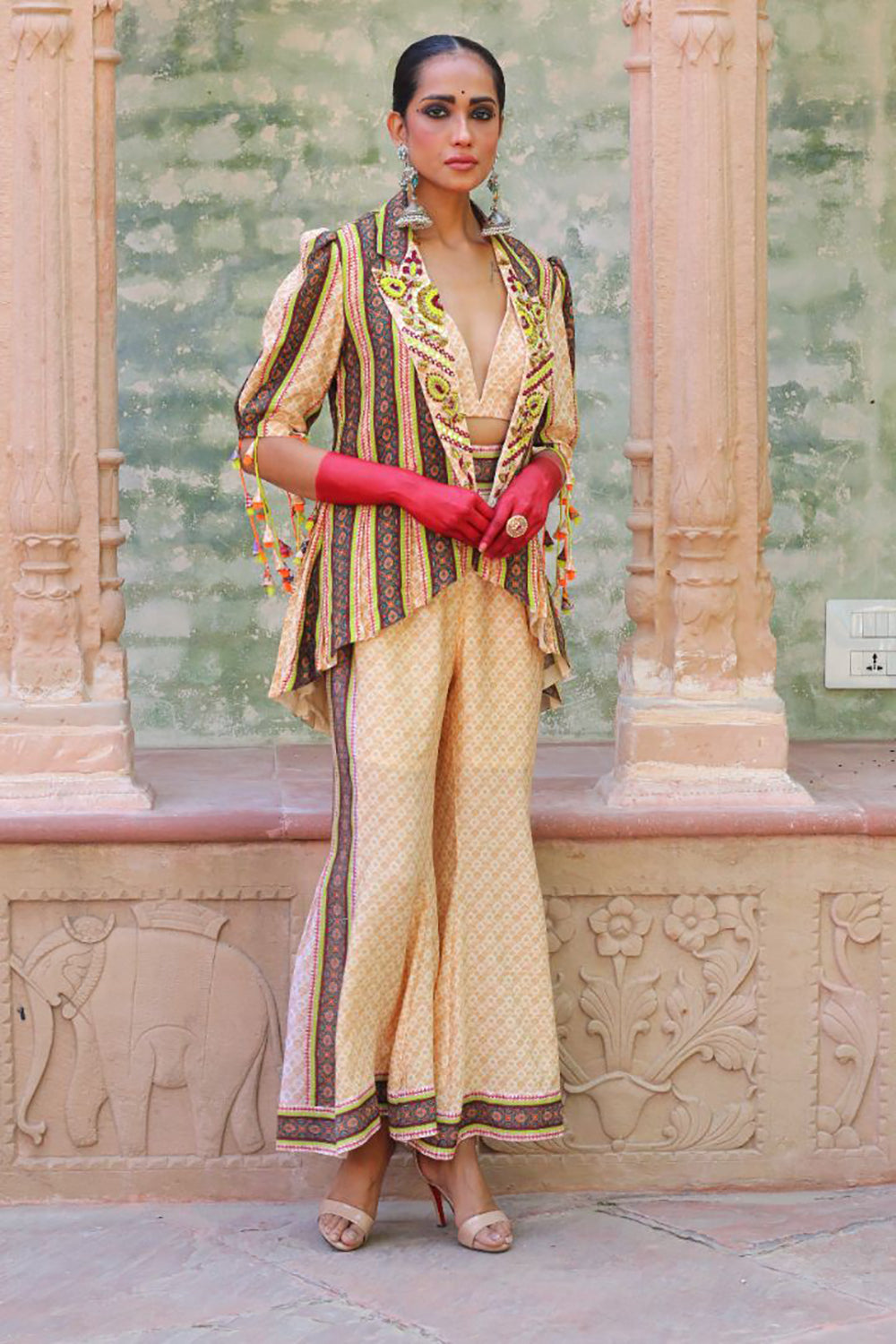 Alabaster Color Lapel Jacket With Bustier And Palazzo Pants - Auraya Fashion -  - #tag1# - #tag2# - #tag3# - #tag3#