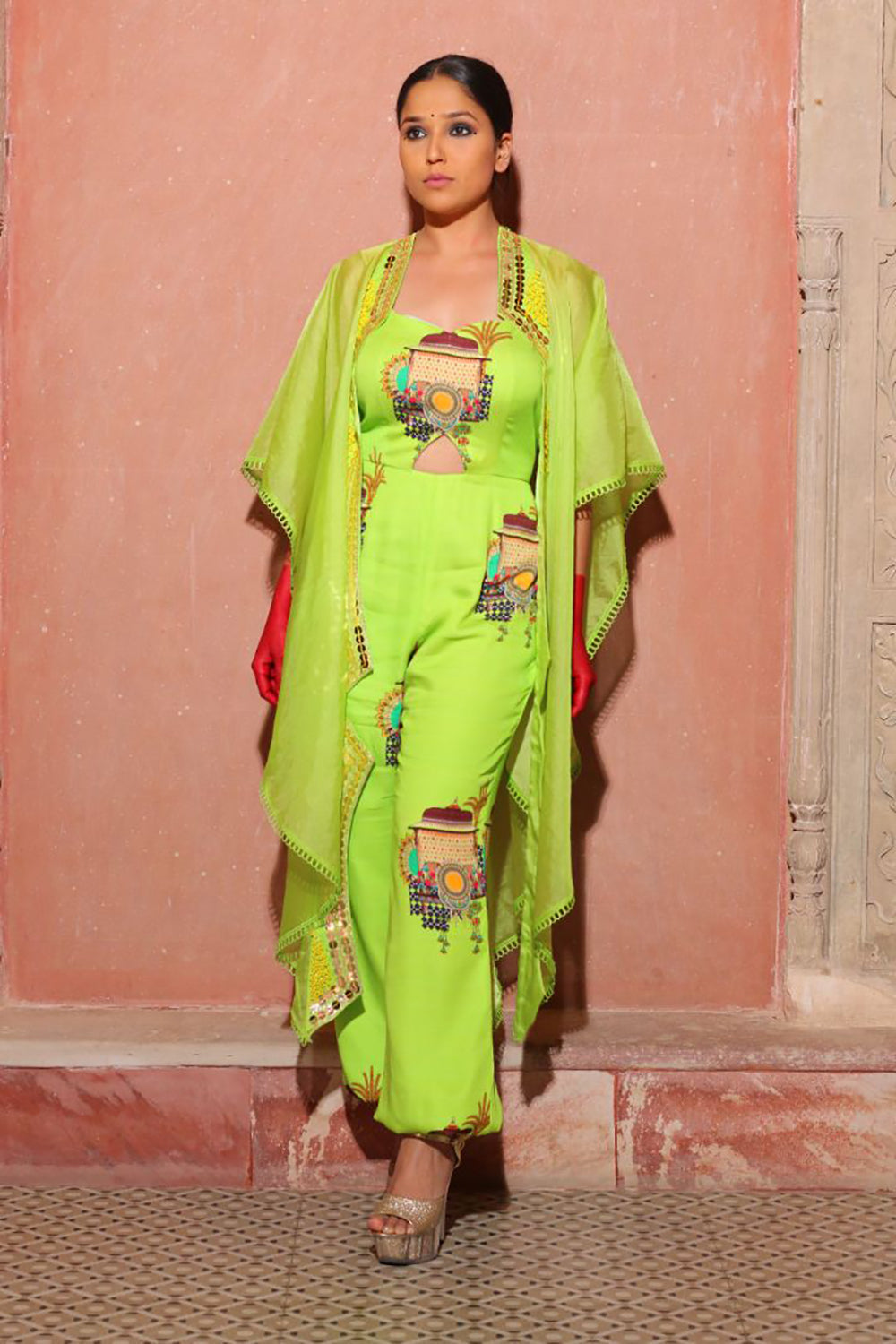 Coral Green Cape With Jumpsuit - Auraya Fashion - Ankur J - #tag1# - #tag2# - #tag3# - #tag3#