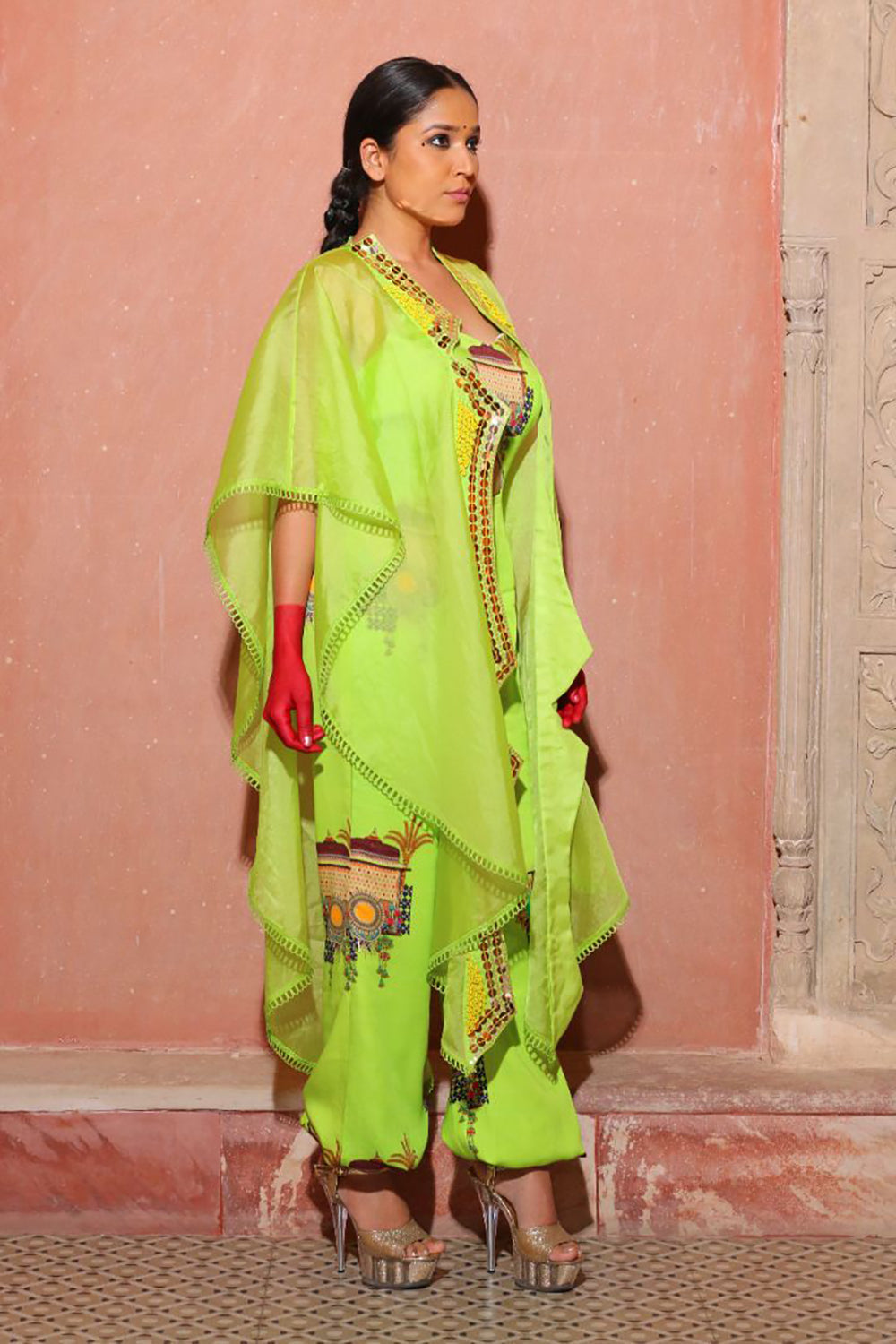 Coral Green Cape With Jumpsuit - Auraya Fashion -  - #tag1# - #tag2# - #tag3# - #tag3#