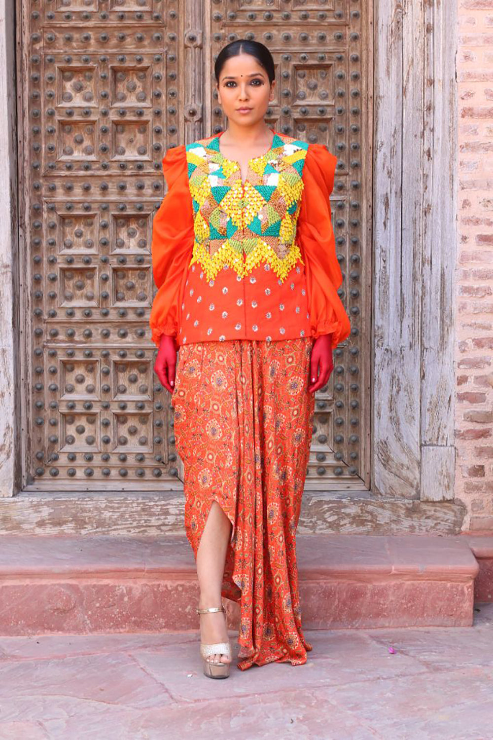 Tangerine Overlay Bodice With Drape Skirt - Auraya Fashion - Ankur J - #tag1# - #tag2# - #tag3# - #tag3#