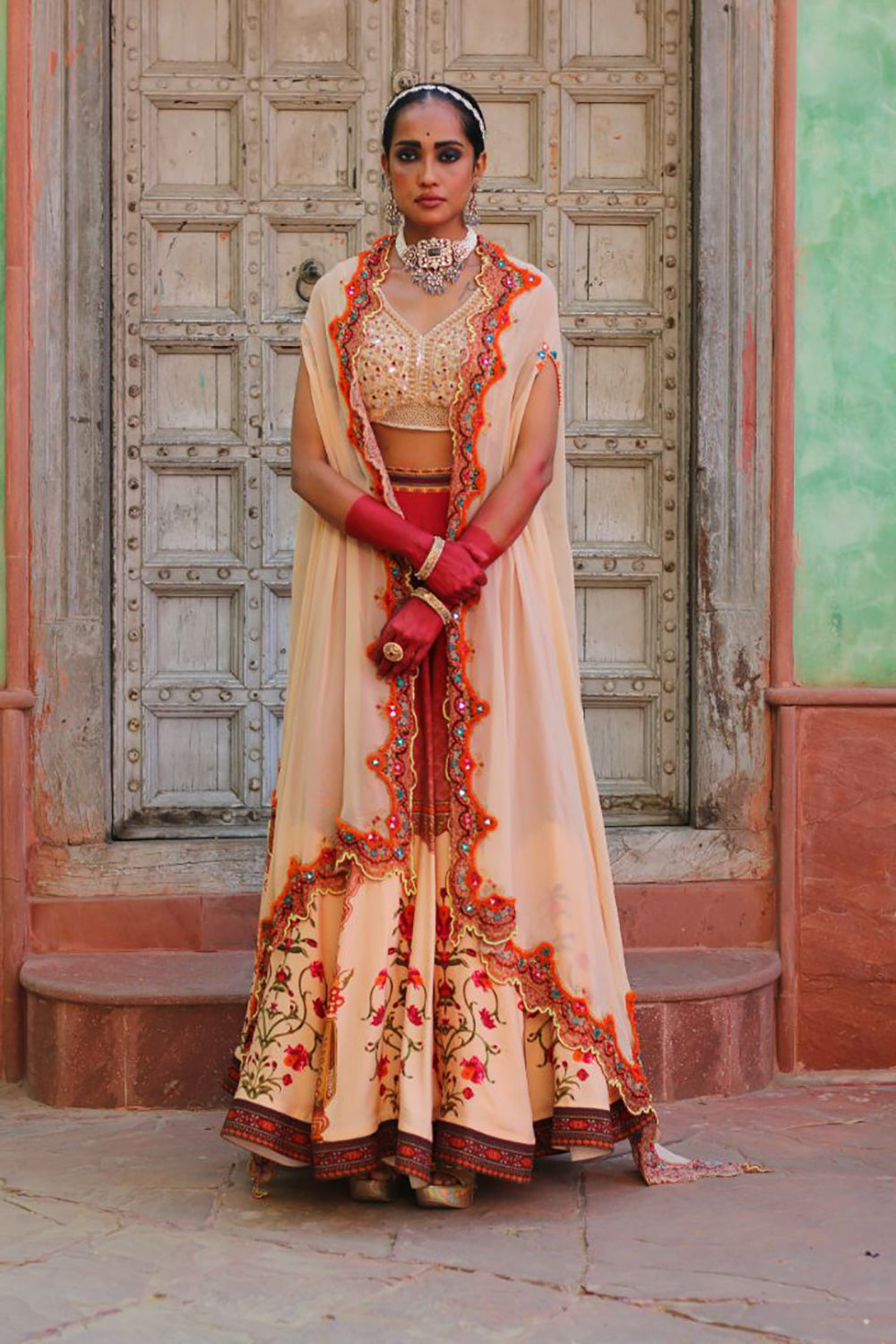 Crimson Red Lehenga With Embridered Bodice And Cape Dupatta - Auraya Fashion - Ankur J - #tag1# - #tag2# - #tag3# - #tag3#