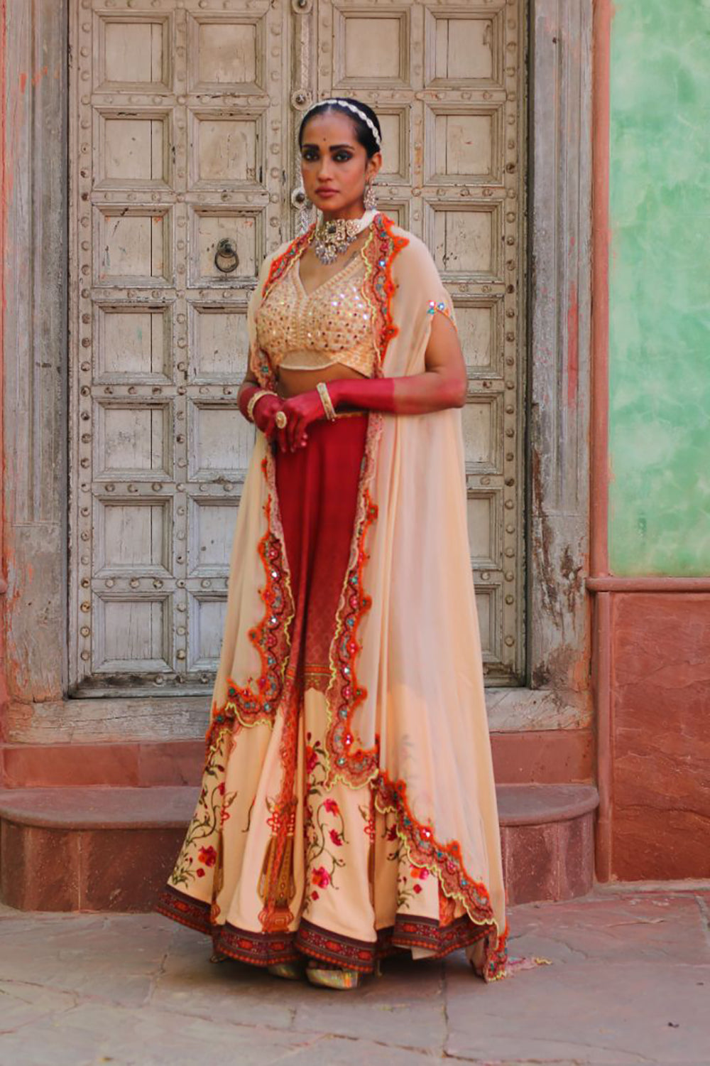Crimson Red Lehenga With Embridered Bodice And Cape Dupatta - Auraya Fashion -  - #tag1# - #tag2# - #tag3# - #tag3#