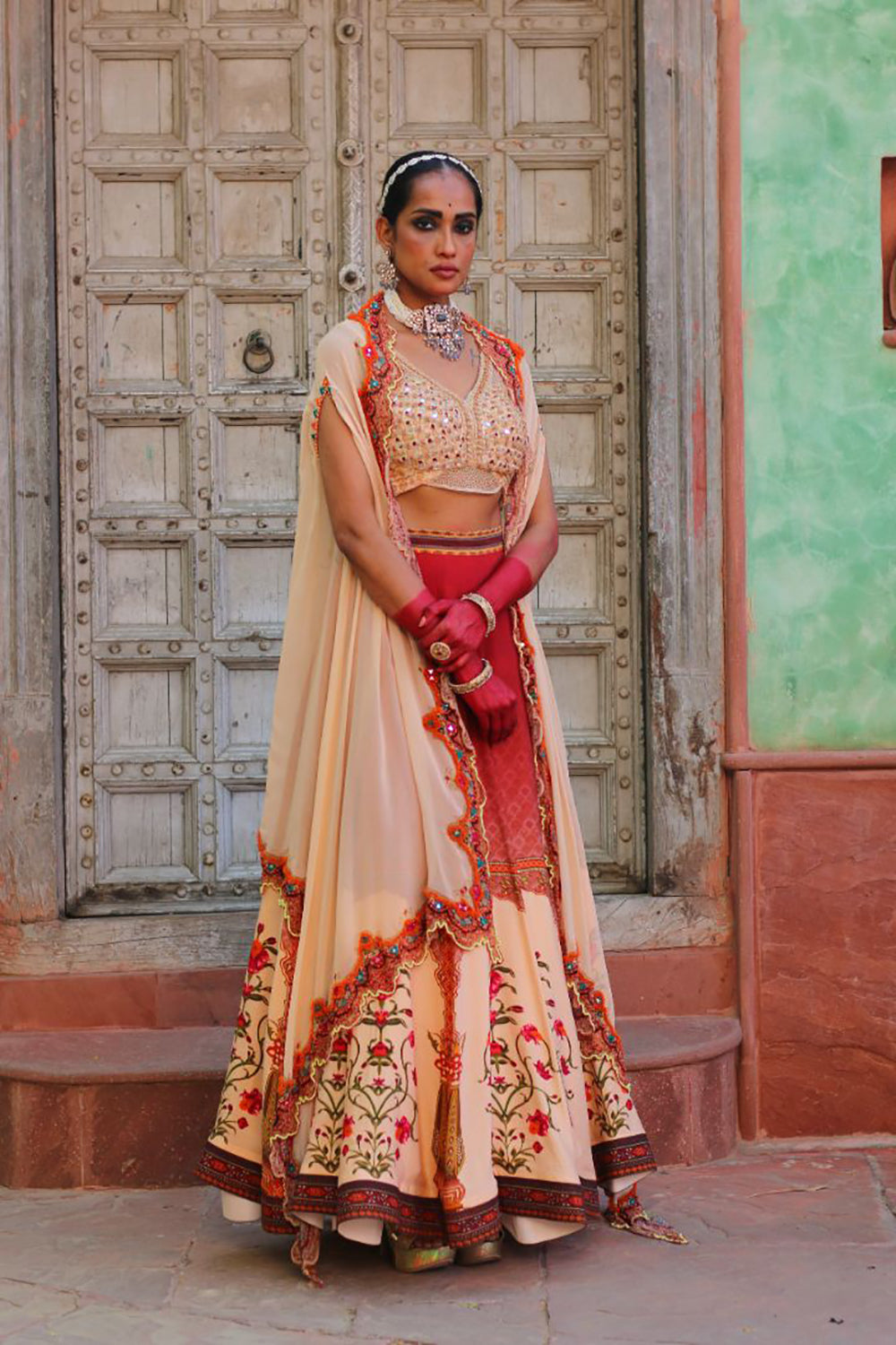 Crimson Red Lehenga With Embridered Bodice And Cape Dupatta - Auraya Fashion -  - #tag1# - #tag2# - #tag3# - #tag3#