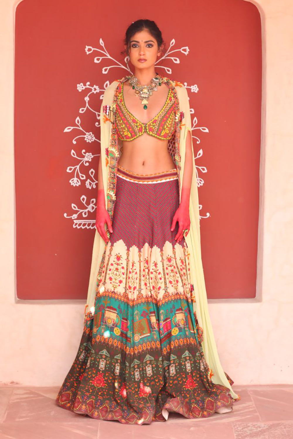 Multicolor Print Lehenga With Bodice And Cape Dupatta - Auraya Fashion - Ankur J - #tag1# - #tag2# - #tag3# - #tag3#