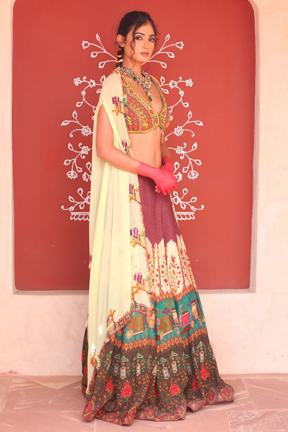 Multicolor Print Lehenga With Bodice And Cape Dupatta - Auraya Fashion -  - #tag1# - #tag2# - #tag3# - #tag3#