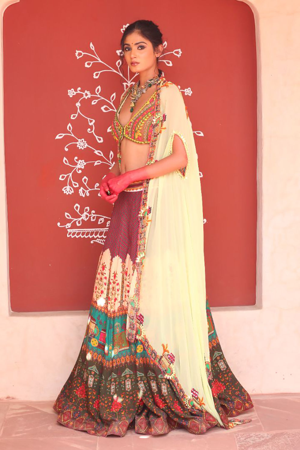 Multicolor Print Lehenga With Bodice And Cape Dupatta - Auraya Fashion -  - #tag1# - #tag2# - #tag3# - #tag3#