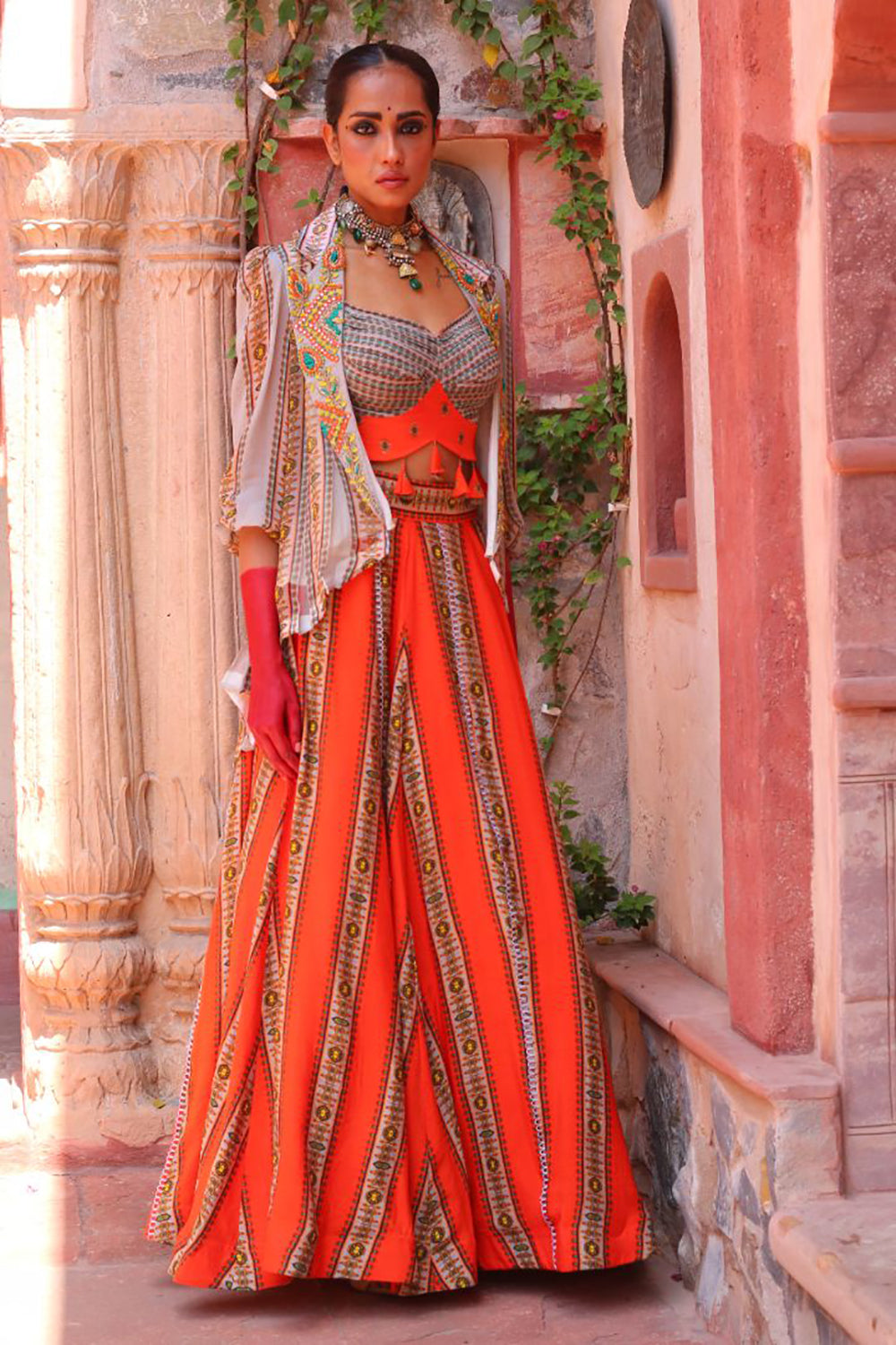 Ashen Grey Overlay With Pleated Bodice With Apricot Lehenga - Auraya Fashion -  - #tag1# - #tag2# - #tag3# - #tag3#