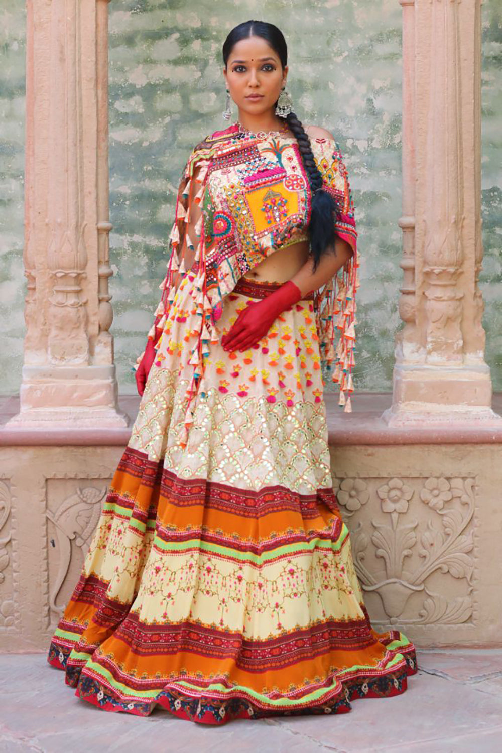 Signature Prints Lehenga , Embroidered Bustier And Cape - Auraya Fashion - Ankur J - #tag1# - #tag2# - #tag3# - #tag3#