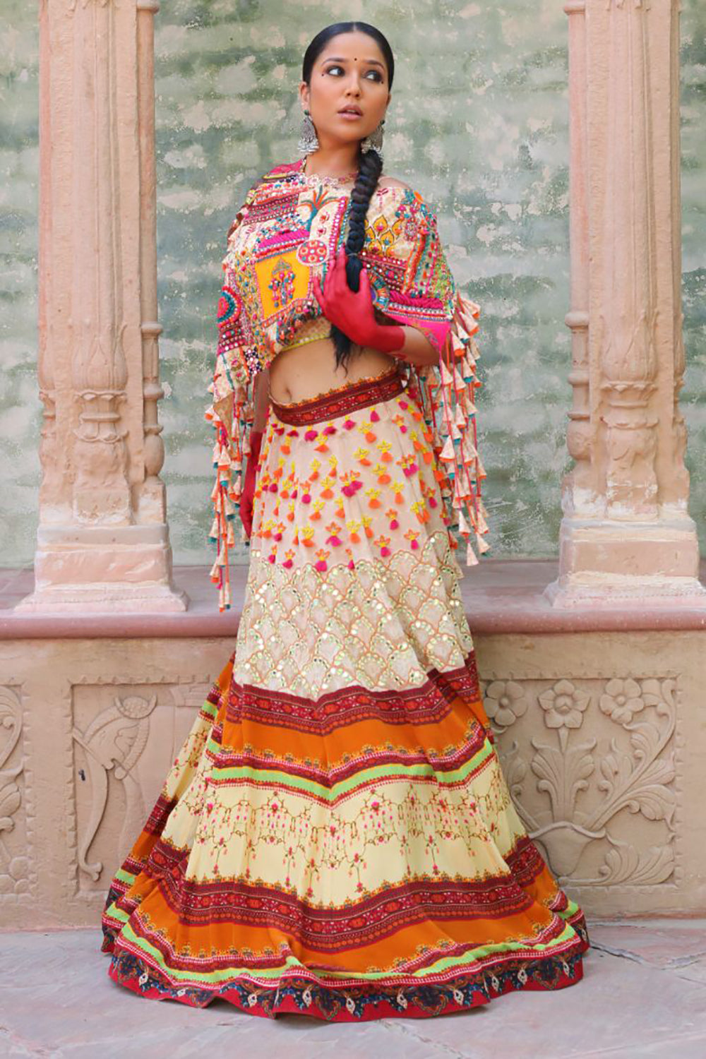 Signature Prints Lehenga , Embroidered Bustier And Cape - Auraya Fashion -  - #tag1# - #tag2# - #tag3# - #tag3#