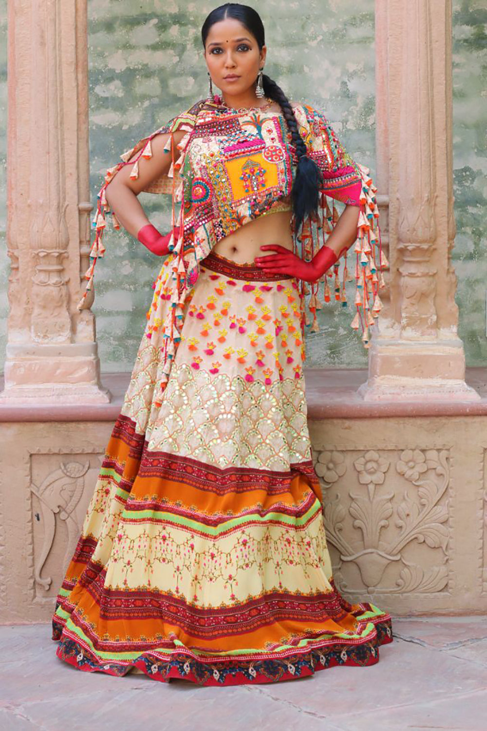 Signature Prints Lehenga , Embroidered Bustier And Cape - Auraya Fashion -  - #tag1# - #tag2# - #tag3# - #tag3#
