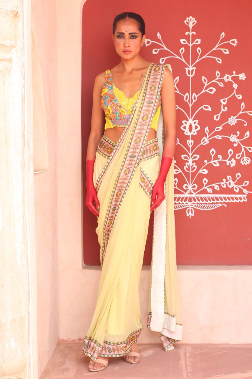 Pale Goldenord Drape Saree With Bodice - Auraya Fashion - Ankur J - #tag1# - #tag2# - #tag3# - #tag3#