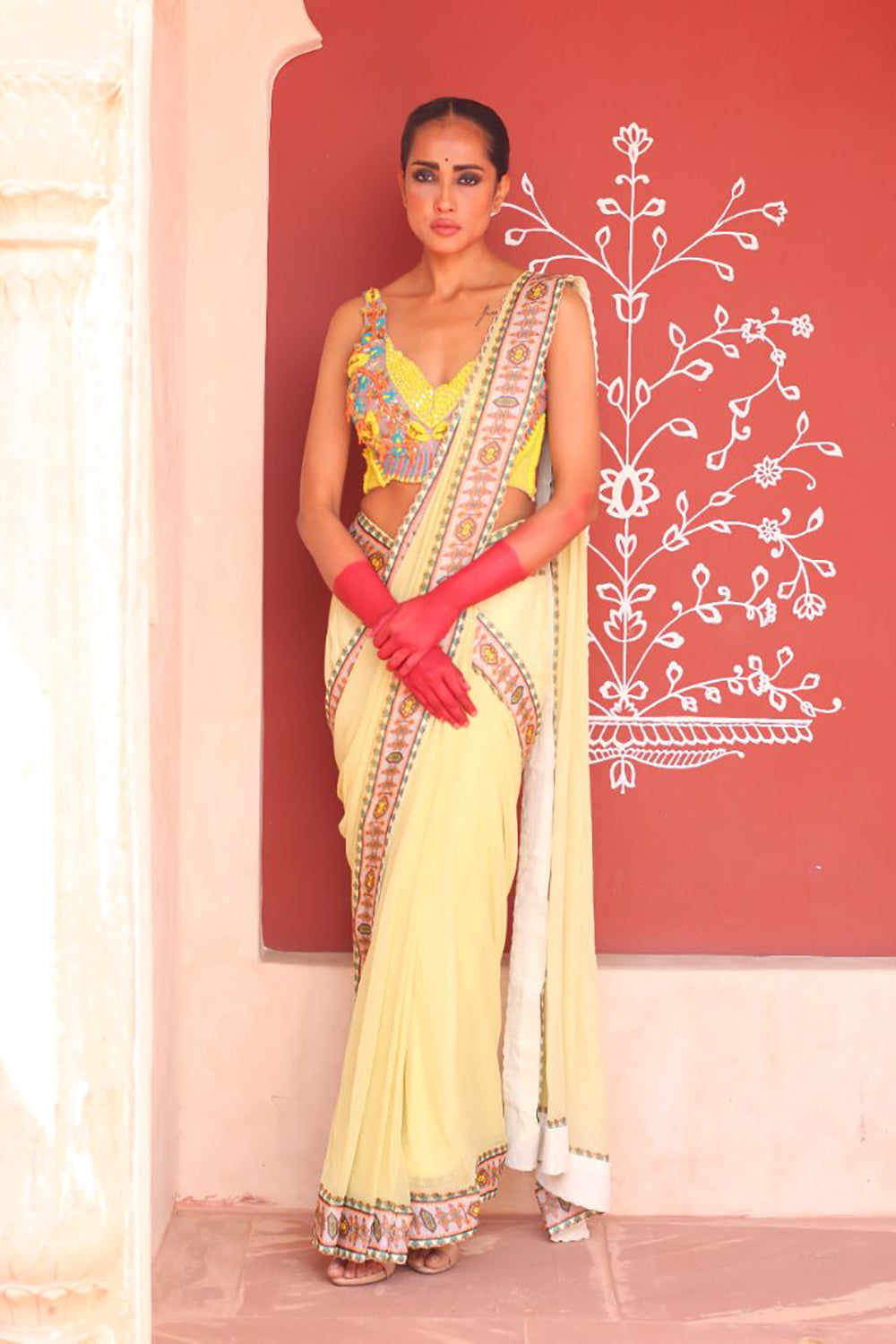 Pale Goldenord Drape Saree With Bodice - Auraya Fashion -  - #tag1# - #tag2# - #tag3# - #tag3#