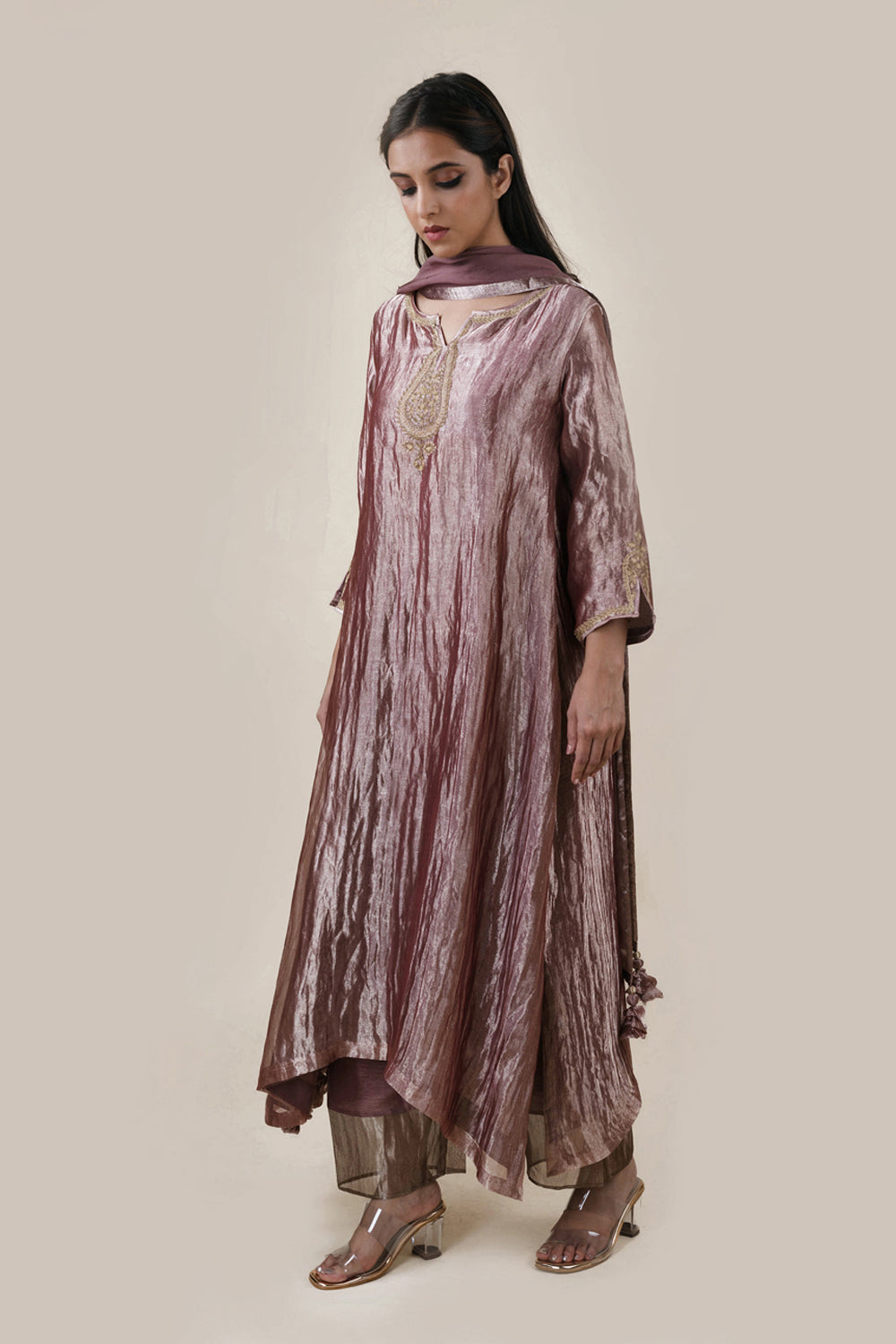 Embroidered Tissue A-Line Kurta And Slub Silk Pants Set - Auraya Fashion -  - #tag1# - #tag2# - #tag3# - #tag3#