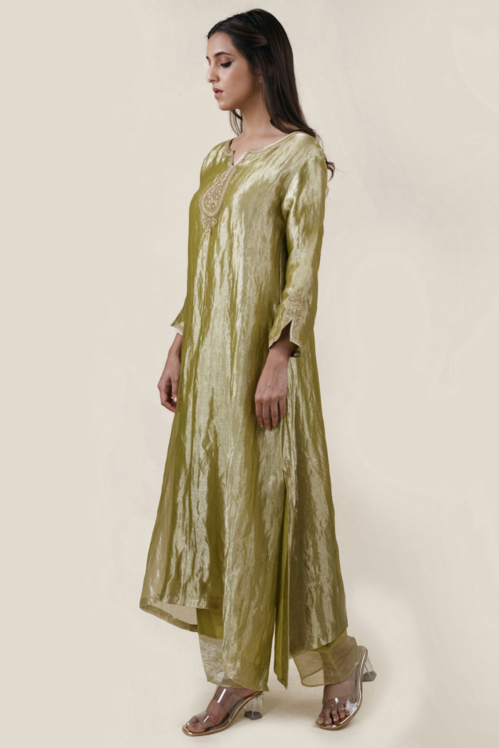 Embroidered Tissue A-Line Kurta And Slub Silk Pants Set - Auraya Fashion -  - #tag1# - #tag2# - #tag3# - #tag3#