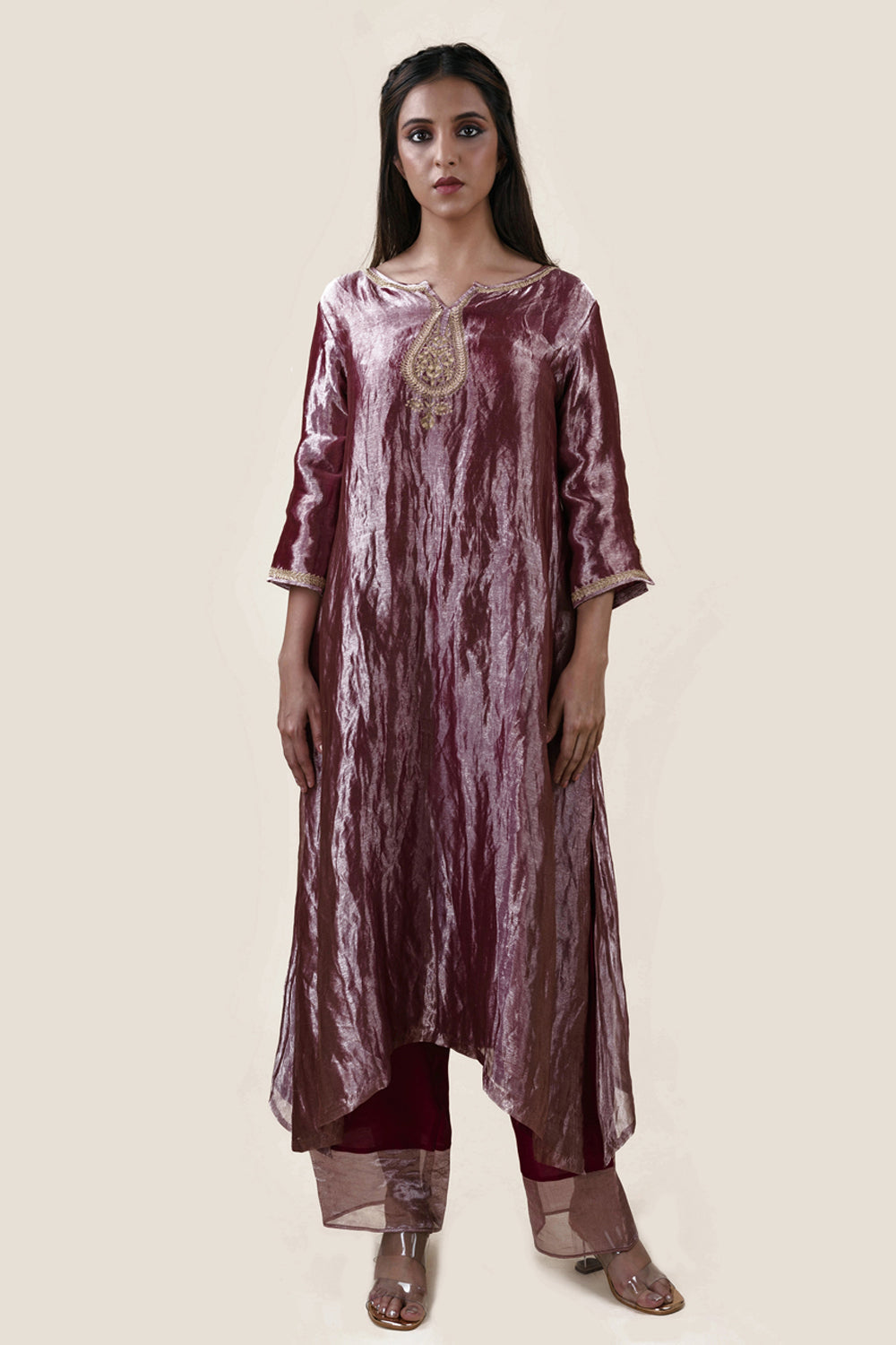 Embroidered Tissue A-Line Kurta And Slub Silk Pants Set - Auraya Fashion -  - #tag1# - #tag2# - #tag3# - #tag3#