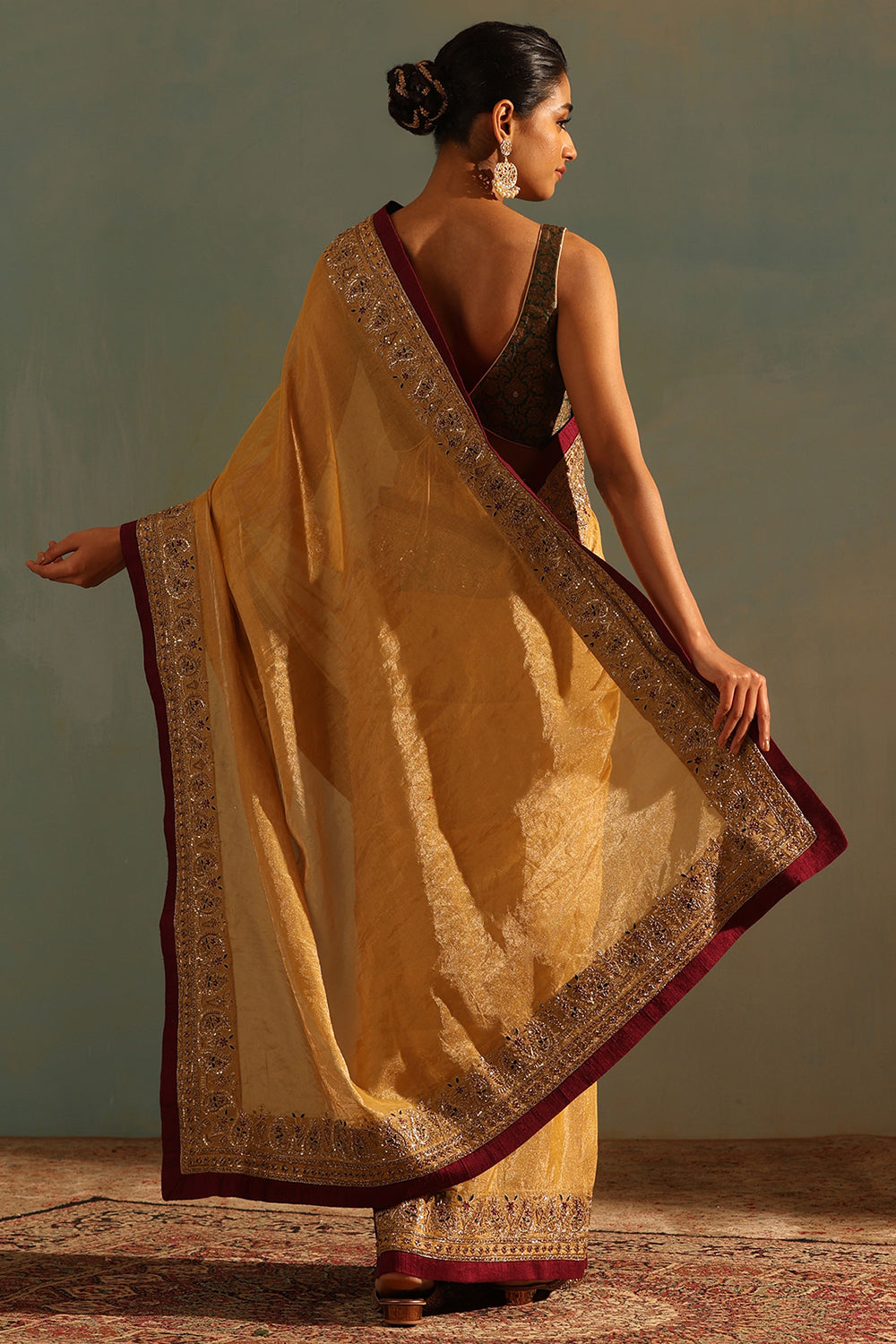 Tissue Yellow Hand Embroidered Saree - Auraya Fashion - Weaverstory - #tag1# - #tag2# - #tag3# - #tag3#