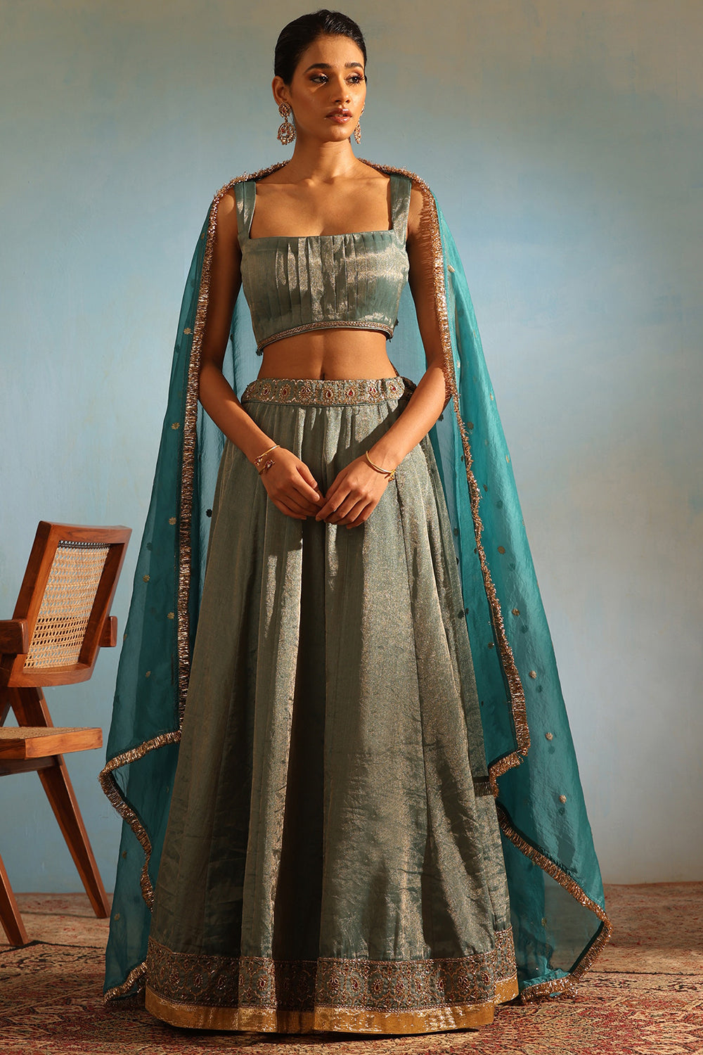 Silk Tissue Blue Zardosi Hand Embroidered Lehenga Set - Auraya Fashion - Weaverstory - #tag1# - #tag2# - #tag3# - #tag3#