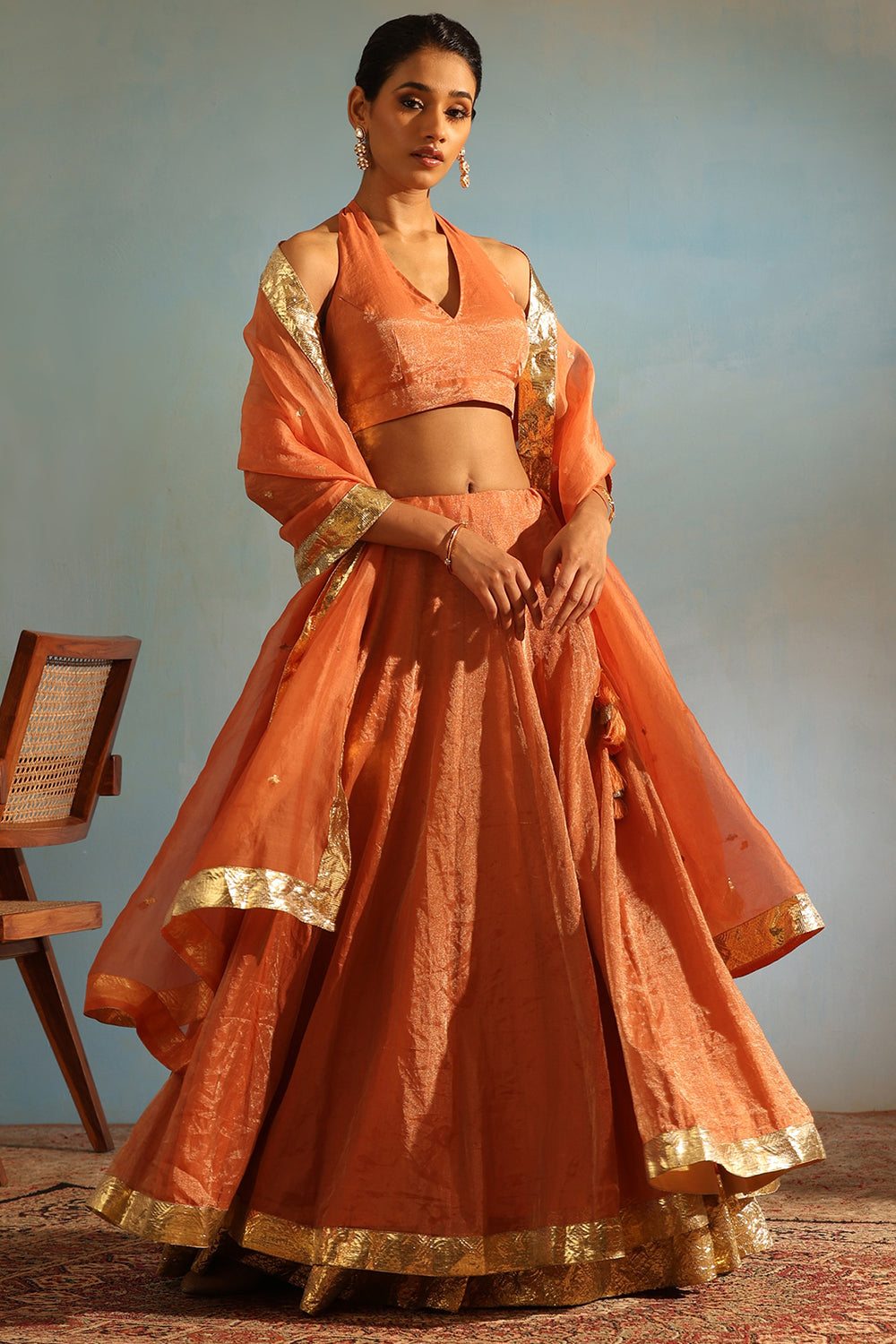 Silk Tissue Orange Hand Embroidered Kalidar Lehenga Set - Auraya Fashion - Weaverstory - #tag1# - #tag2# - #tag3# - #tag3#