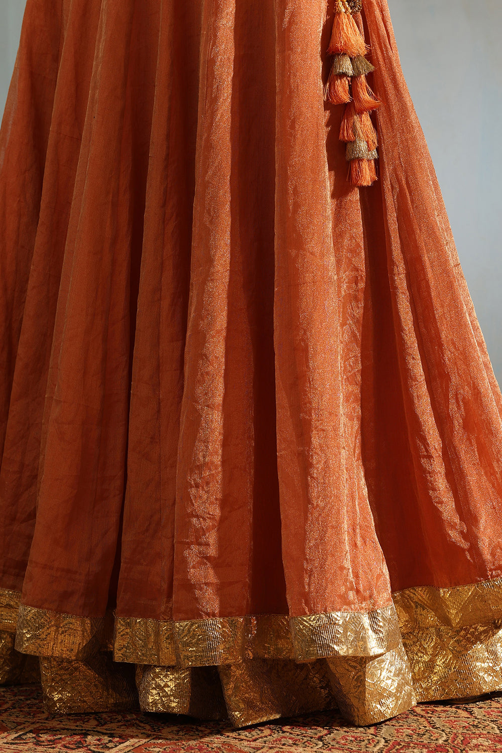 Silk Tissue Orange Hand Embroidered Kalidar Lehenga Set - Auraya Fashion -  - #tag1# - #tag2# - #tag3# - #tag3#