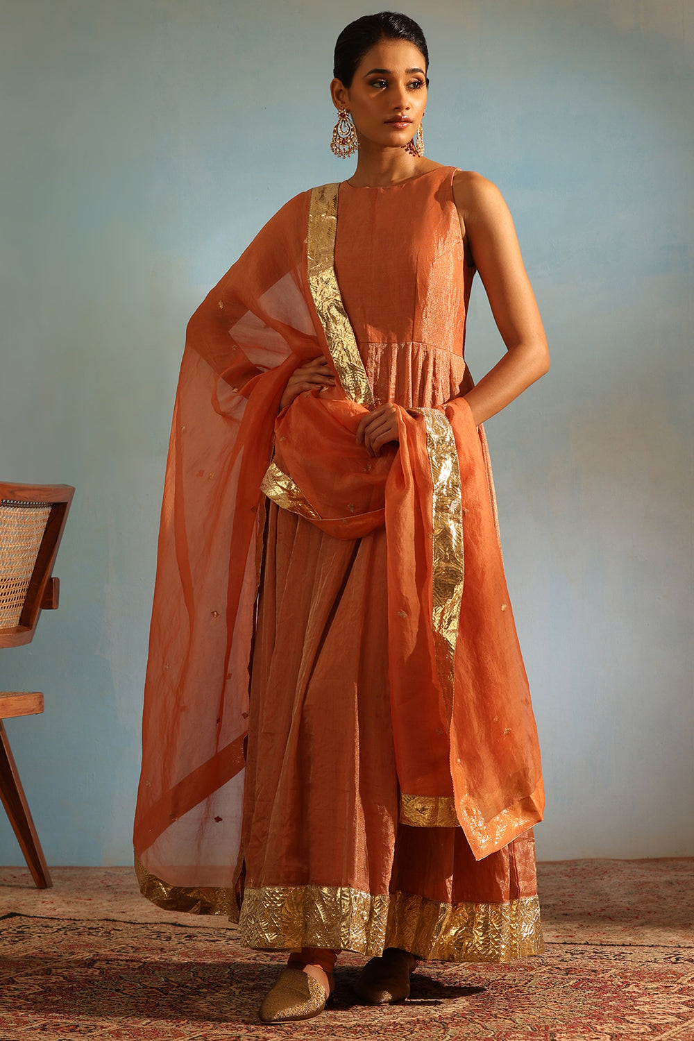 Silk Tissue Orange Hand Embroidered Anarkali Set - Auraya Fashion - Weaverstory - #tag1# - #tag2# - #tag3# - #tag3#