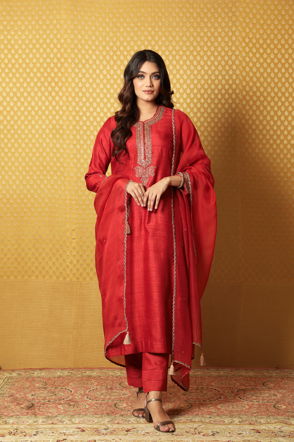 Hand-Embroidered Aurora-Red Pure Tussar-Georgette Kurta-Pants Set - Auraya Fashion - Trisvaraa - #tag1# - #tag2# - #tag3# - #tag3#