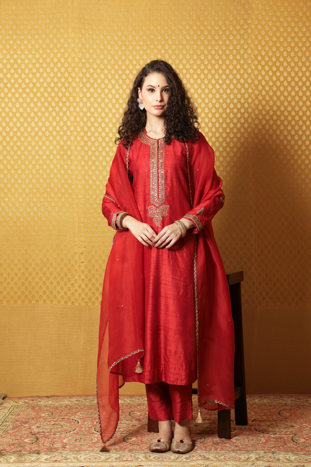 Hand-Embroidered Aurora-Red Pure Tussar-Georgette Kurta-Pants Set - Auraya Fashion - Trisvaraa - #tag1# - #tag2# - #tag3# - #tag3#