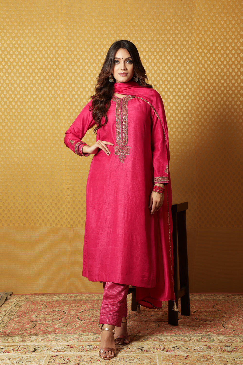 Hand-Embroidered Rani-Pink Pure Tussar- Georgette Kurta-Pants Set - Auraya Fashion - Trisvaraa - #tag1# - #tag2# - #tag3# - #tag3#