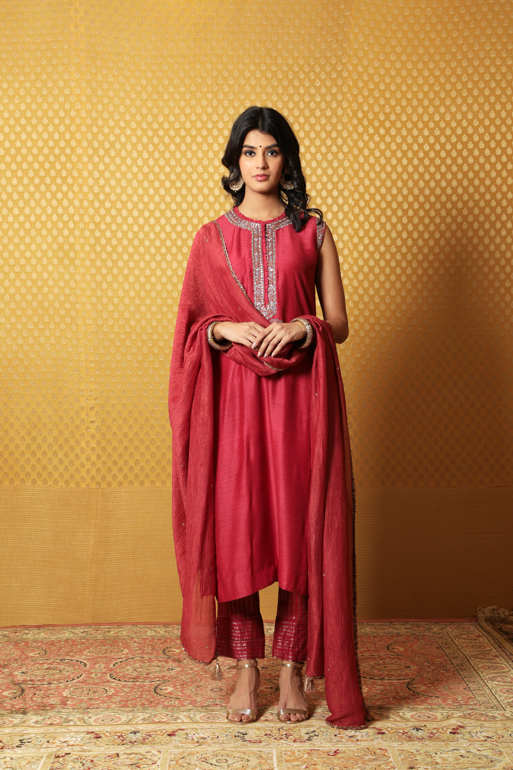 Hand-Embroidered Fuchsia-Pink Pure Muga-Silk Kurta-Pants Set - Auraya Fashion - Trisvaraa - #tag1# - #tag2# - #tag3# - #tag3#