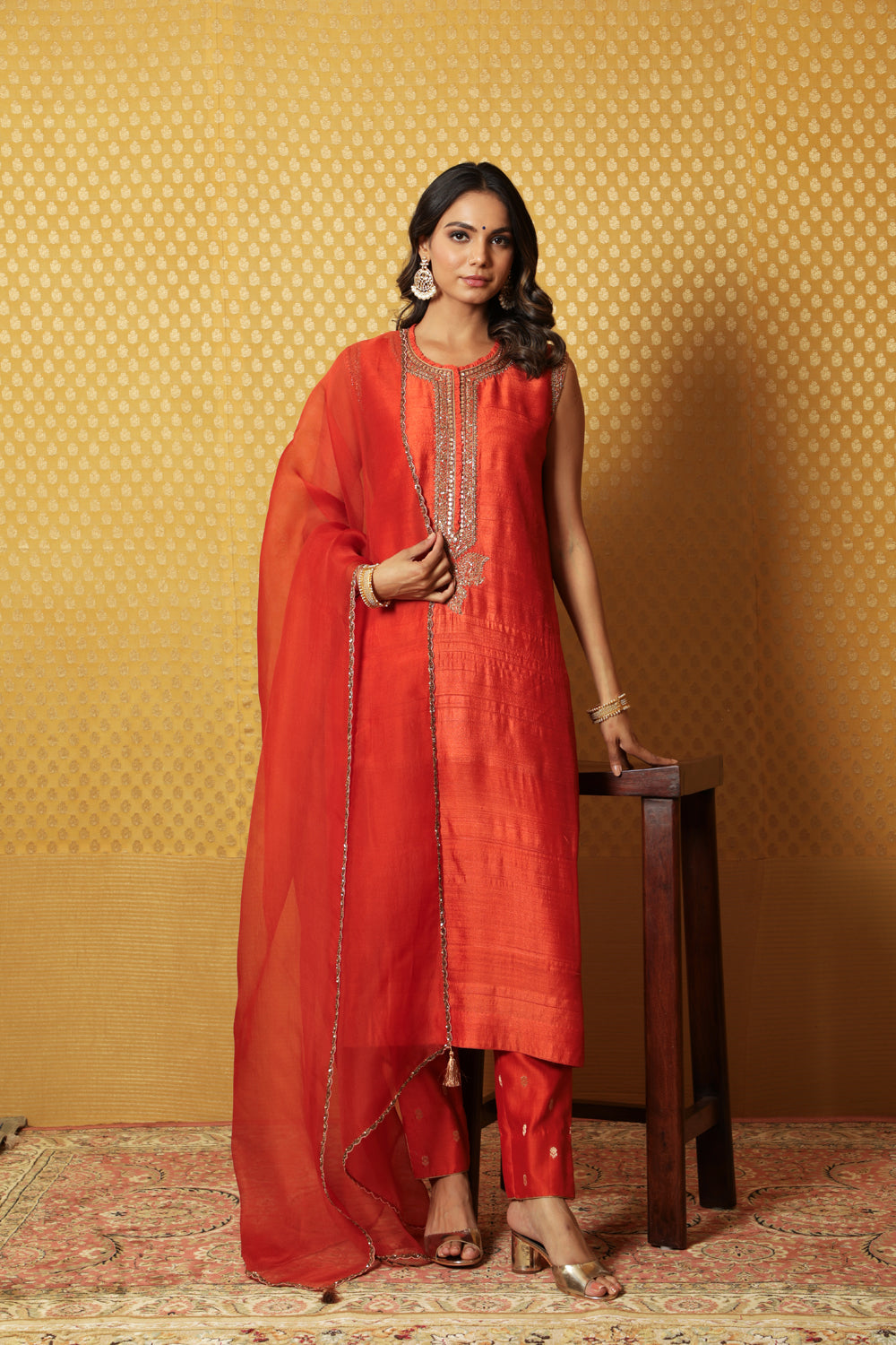 Hand-Embroidered Sinduri-Orange Pure Tussar-Georgette Kurta-Pants Set - Auraya Fashion - Trisvaraa - #tag1# - #tag2# - #tag3# - #tag3#