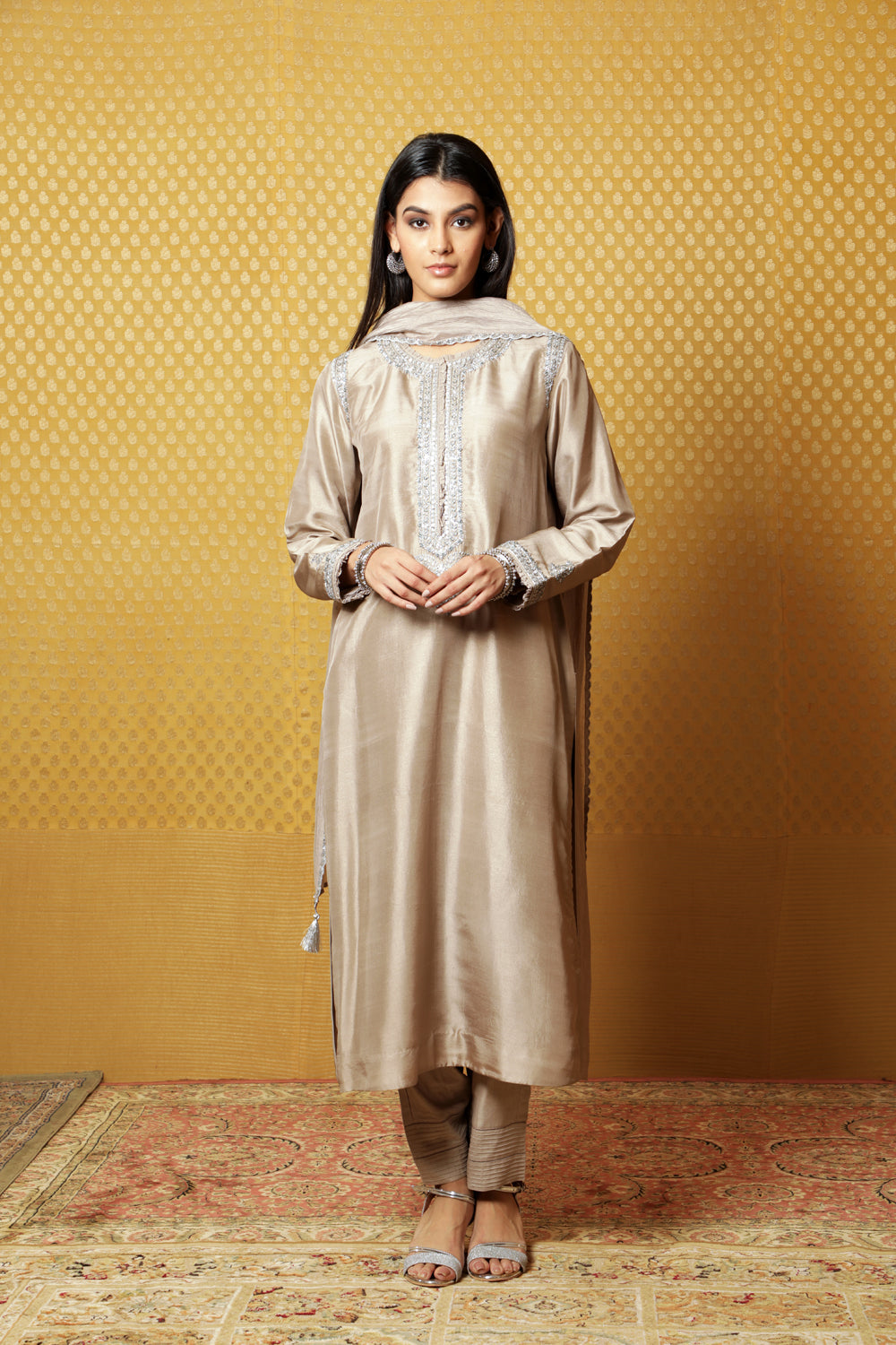 Hand-Embroidered Beige-Grey Pure Metallic-Silk Kurta-Pants Set - Auraya Fashion - Trisvaraa - #tag1# - #tag2# - #tag3# - #tag3#