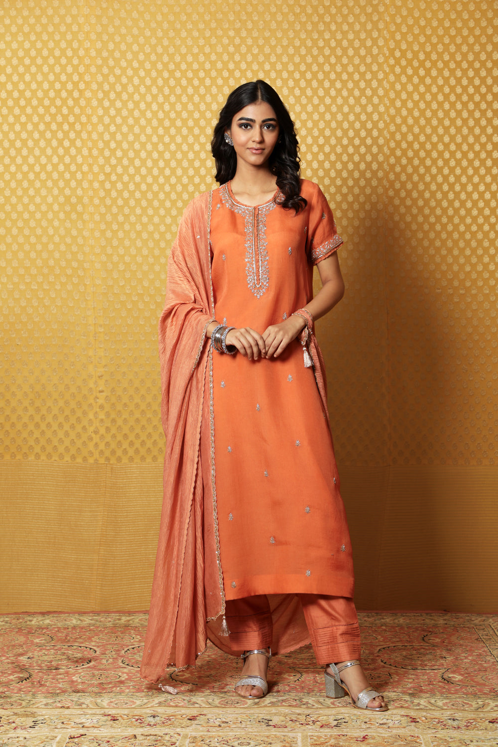 Hand-Embroidered Dusty-Orange Pure Silk- Organza Kurta-Pants Set - Auraya Fashion - Trisvaraa - #tag1# - #tag2# - #tag3# - #tag3#