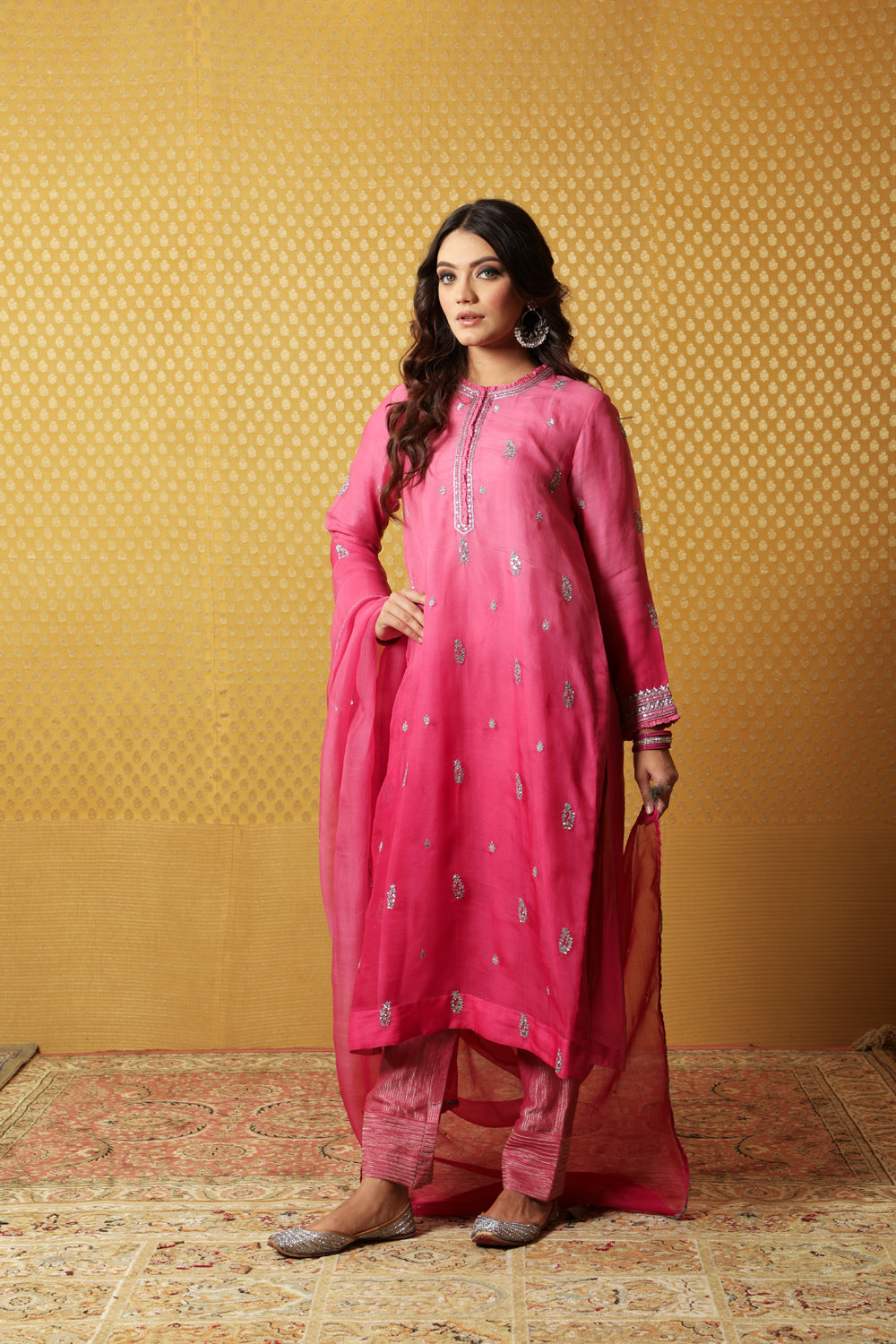 Hand-Embroidered Ombre Fuchsia-Pink Pure Katan-Silk Kurta-Pants Set - Auraya Fashion - Trisvaraa - #tag1# - #tag2# - #tag3# - #tag3#