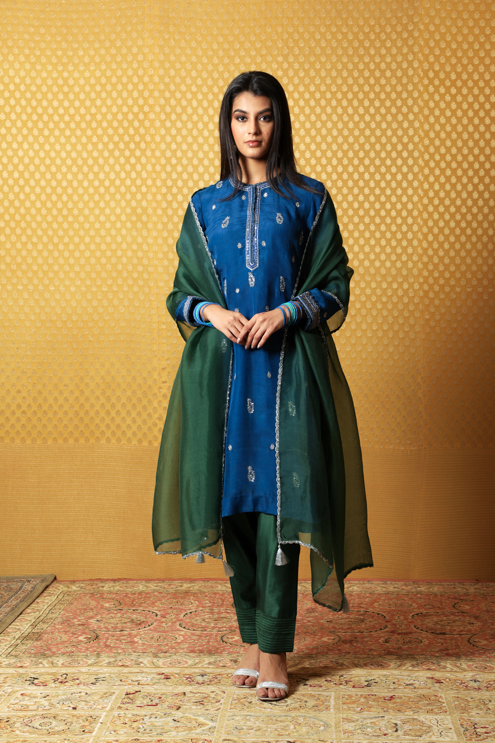 Hand-Embroidered Royal-Blue Pure Katan- Silk Kurta-Pants Set - Auraya Fashion - Trisvaraa - #tag1# - #tag2# - #tag3# - #tag3#