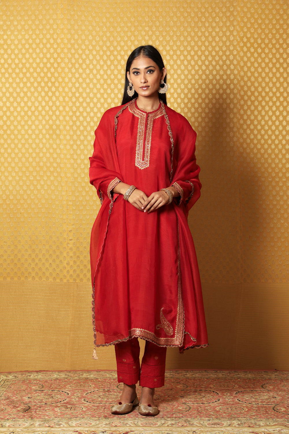 Hand-Embroidered Red Pure Katan-Silk Kurta-Pants Set - Auraya Fashion - Trisvaraa - #tag1# - #tag2# - #tag3# - #tag3#